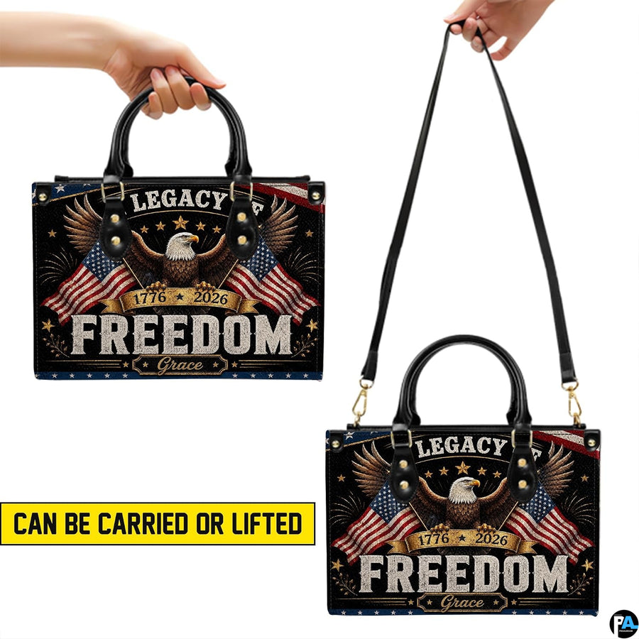 Side perspective view of patriotic eagle handbag and matching wallet pair