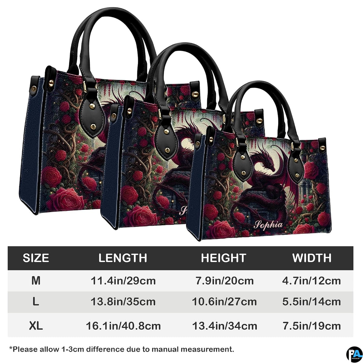 Dimension specification diagram displaying medium, large, and extra-large handbag measurements.