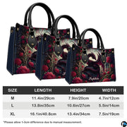 Dimension specification diagram displaying medium, large, and extra-large handbag measurements.