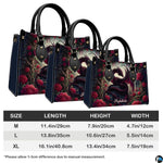 Dimension specification diagram displaying medium, large, and extra-large handbag measurements.