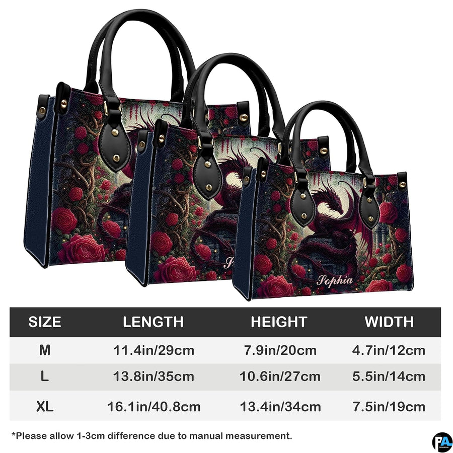 Dimension specification diagram displaying medium, large, and extra-large handbag measurements.