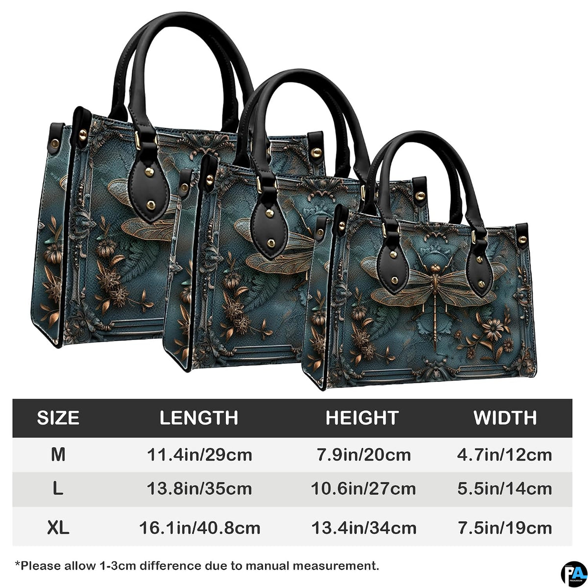 Matching zip-around wallet featuring sculpted bronze dragonfly inside ornate baroque frame on patina teal