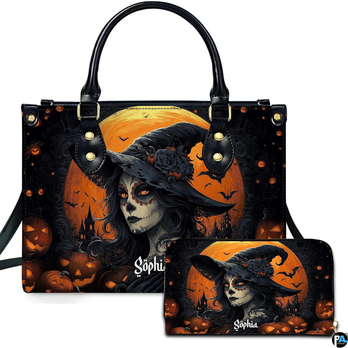 Halloween witch sugar skull pumpkin handbag and matching wallet set on white background.
