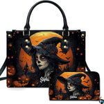 Halloween witch sugar skull pumpkin handbag and matching wallet set on white background.