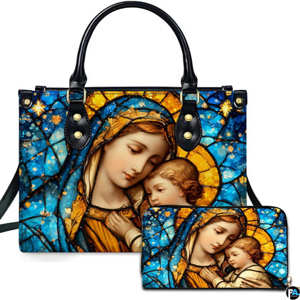 Sapphire stained glass Madonna and Child handbag with radiant golden halos.