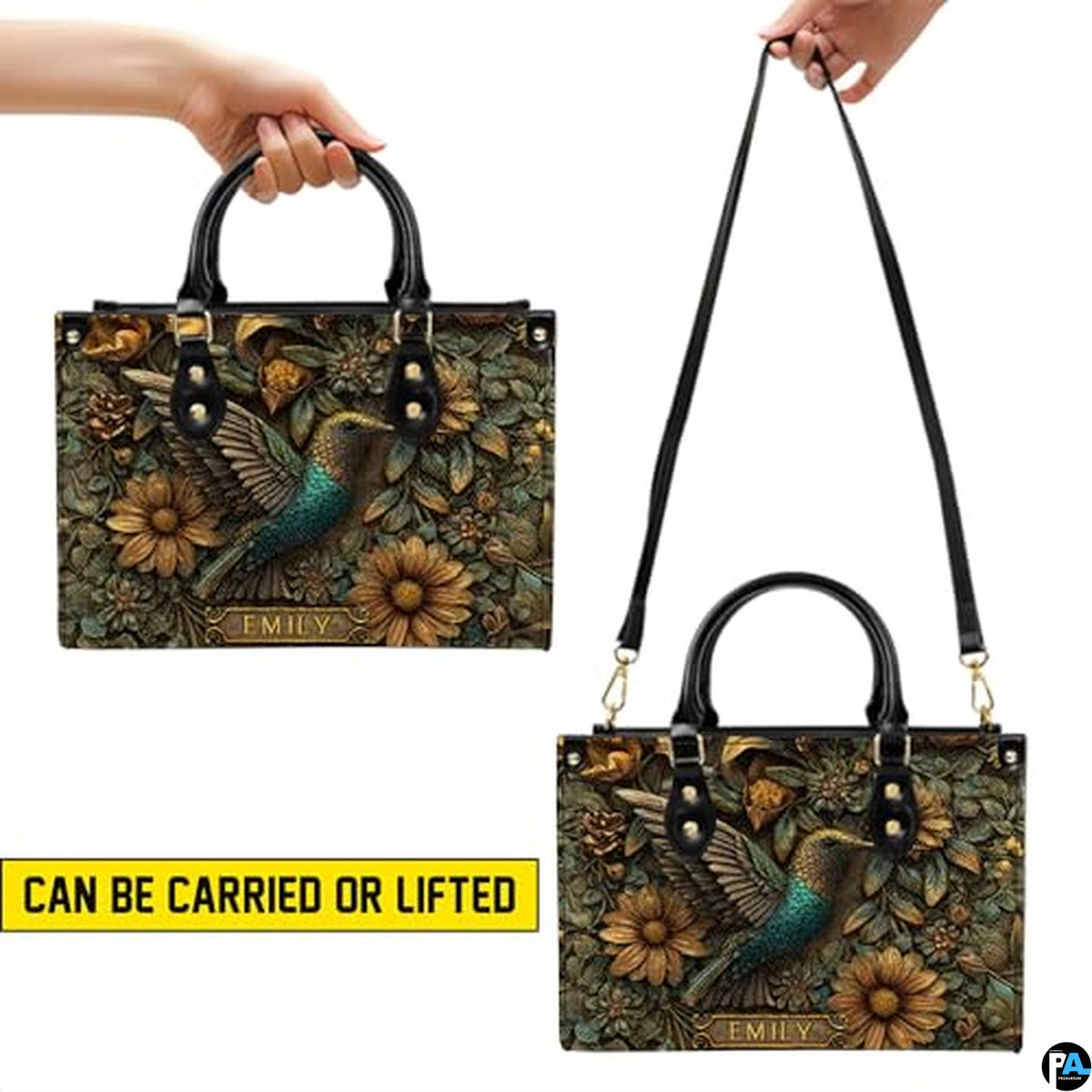 Personalized Animal Leather Handbag – Custom Name Flowers with 2D Print with 3D Effect – Gift for Gramma, Mom, Daughter