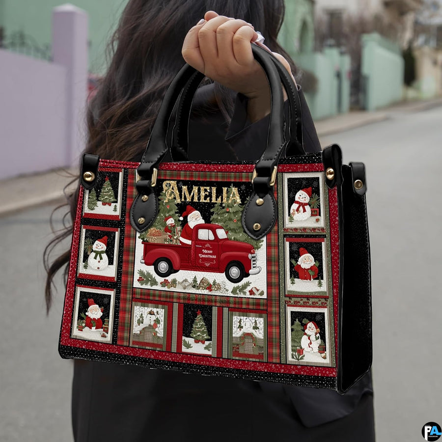 Front view of vintage Christmas handbag showcasing red pickup truck illustration and festive vignettes.