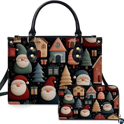Front studio presentation showcasing folk Santa gnomes, storybook cottages, and holiday pines on black.
