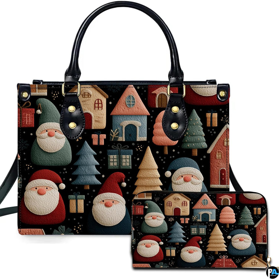Front studio presentation showcasing folk Santa gnomes, storybook cottages, and holiday pines on black.