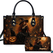 Personalized Witch Handbag with Purse, Custom Name Gothic Leather Bag Set for Women, Halloween Shoulder Bag, Witch Gift