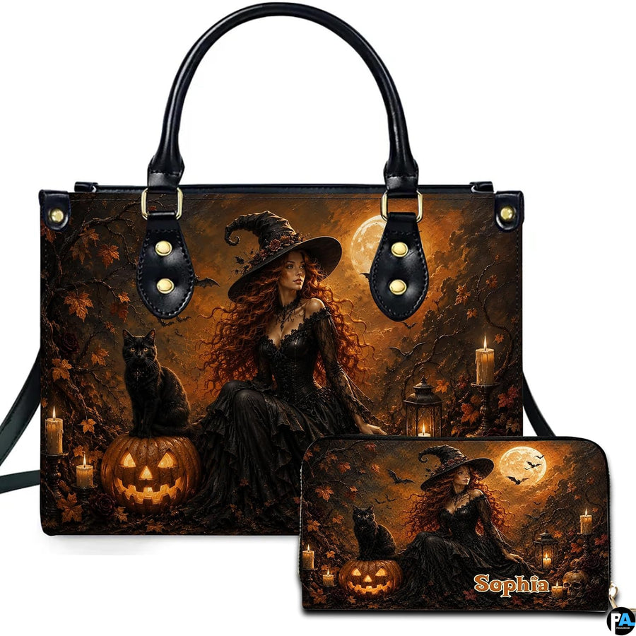 Personalized Witch Handbag with Purse, Custom Name Gothic Leather Bag Set for Women, Halloween Shoulder Bag, Witch Gift