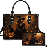 Gothic Sorceress and Pumpkin Cat Handbag and Matching Wallet Set