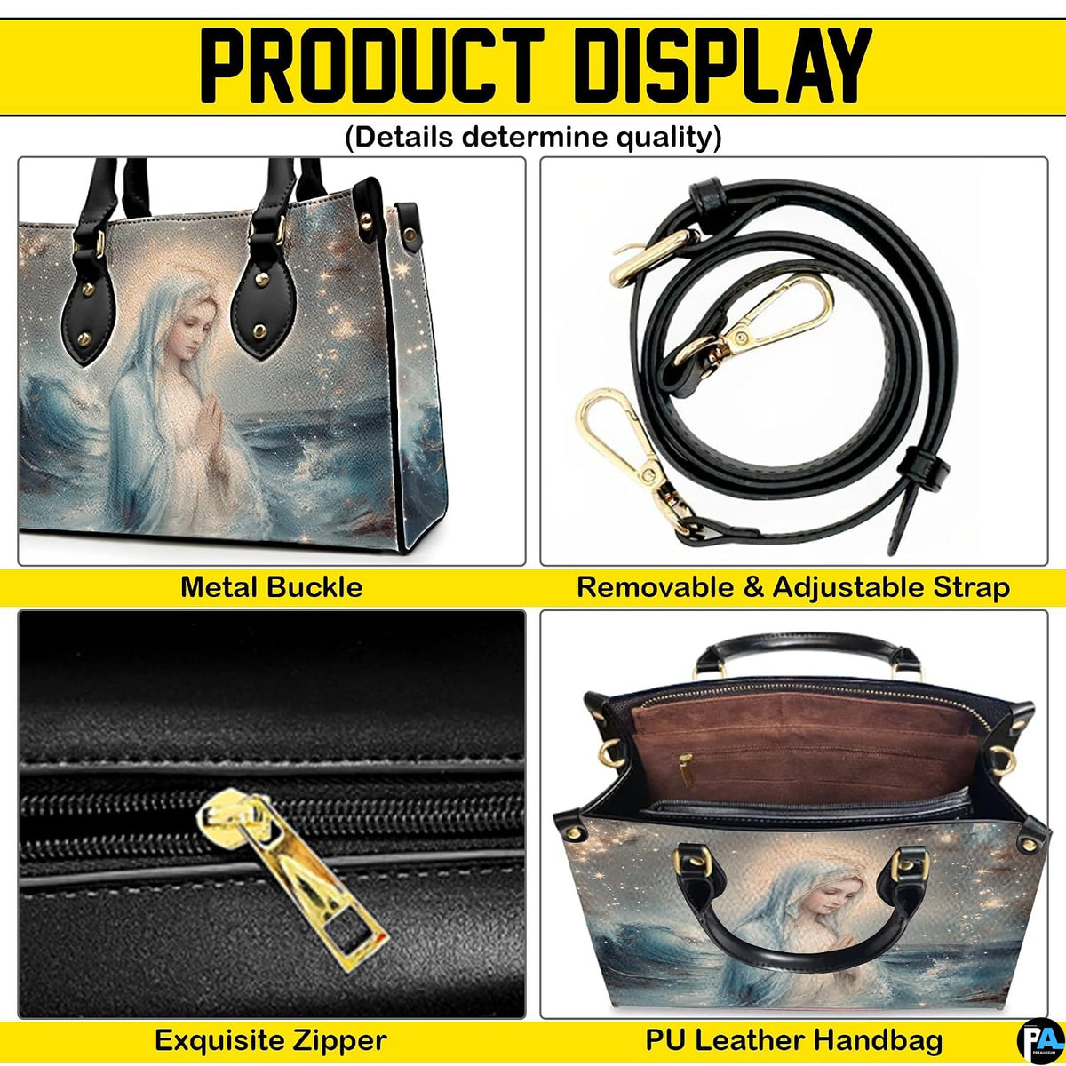 Product display infographic showing zipper, buckle, strap, and interior structure.