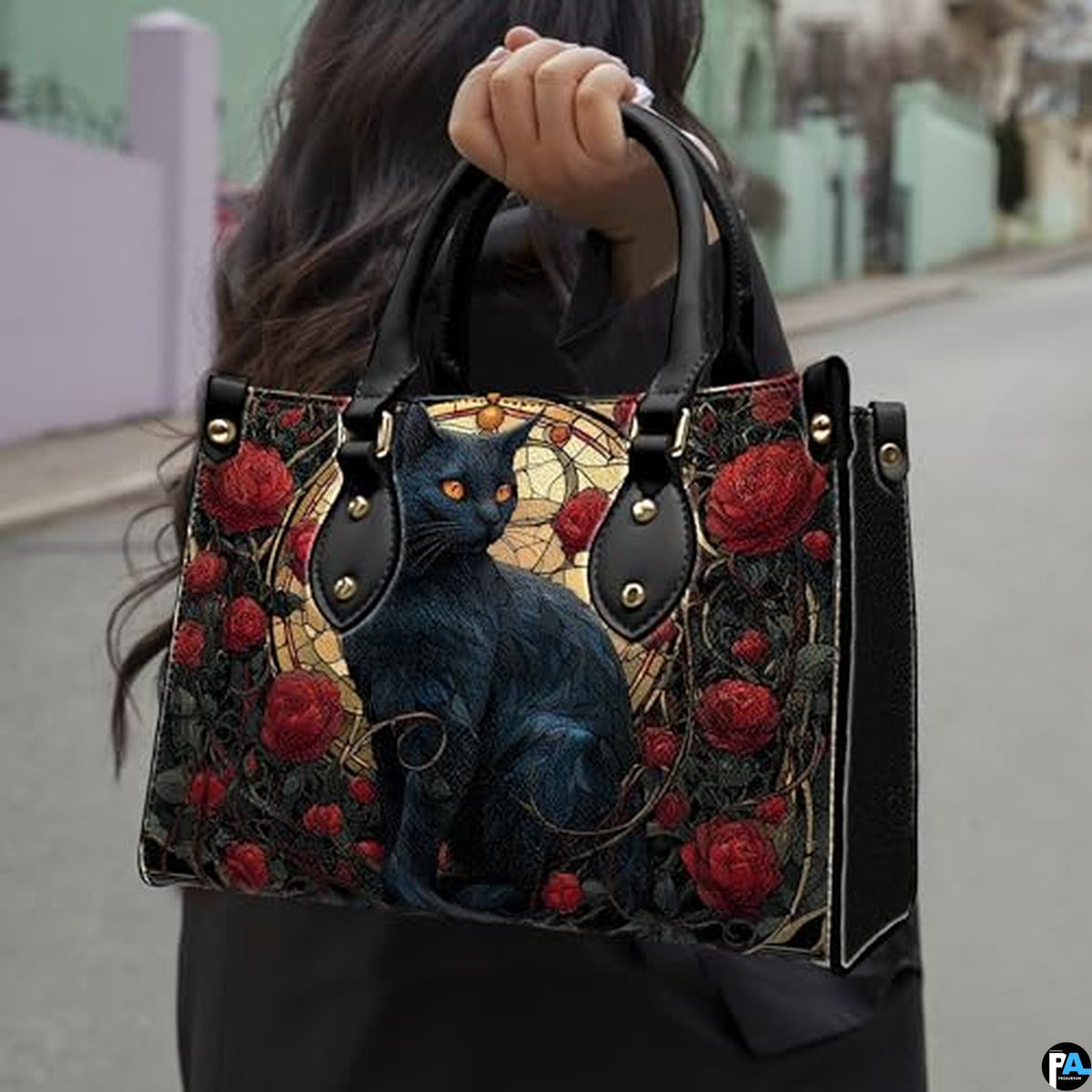 Black Cat Leather Bag – Vintage Cat Art Handbag, Stylish Animal-Themed Purse, Unique Gift for Cat Lovers