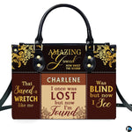 Back view of structured Christian hymn handbag showing refined layout