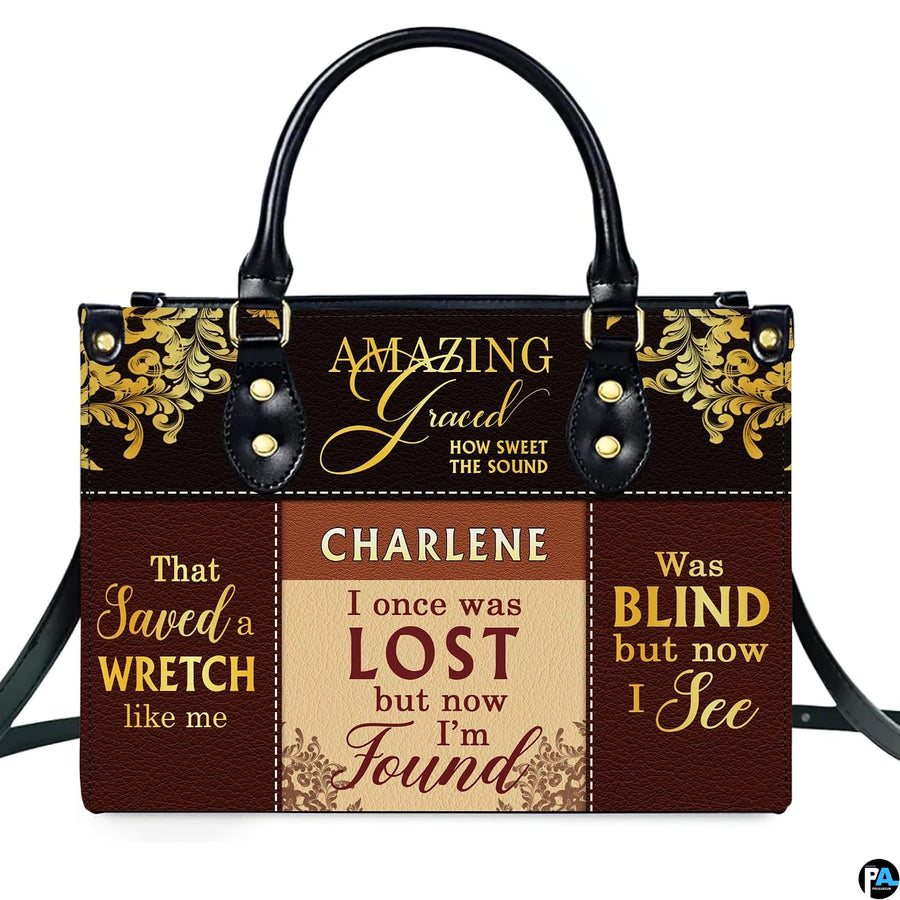 Back view of structured Christian hymn handbag showing refined layout