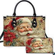 Front view of structured silhouette and matching accessory featuring vintage Santa Claus with poinsettia blossoms.