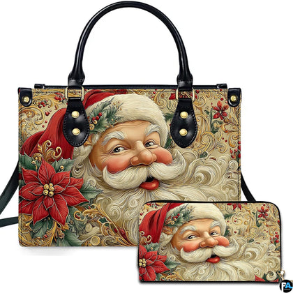 Front view of structured silhouette and matching accessory featuring vintage Santa Claus with poinsettia blossoms.