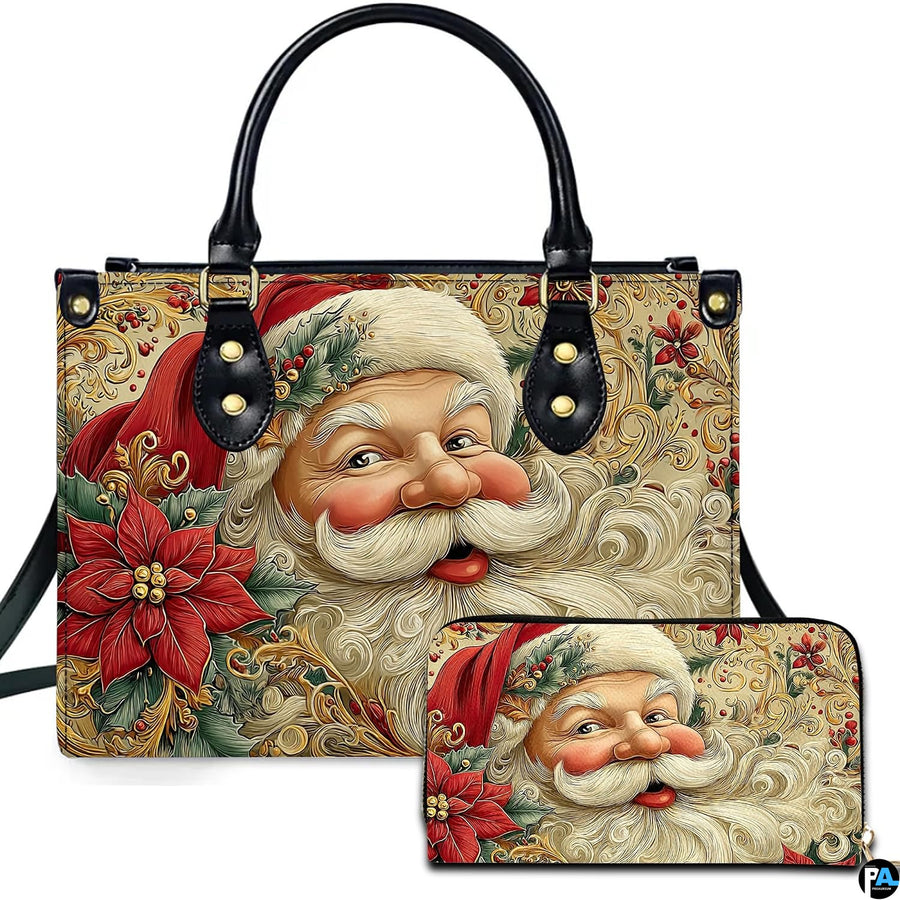 Front view of structured silhouette and matching accessory featuring vintage Santa Claus with poinsettia blossoms.