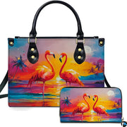 Tropical sunset flamingo handbag and matching wallet set featuring a pair of flamingos on the beach.
