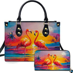 Tropical sunset flamingo handbag and matching wallet set featuring a pair of flamingos on the beach.