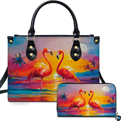 Tropical sunset flamingo handbag and matching wallet set featuring a pair of flamingos on the beach.