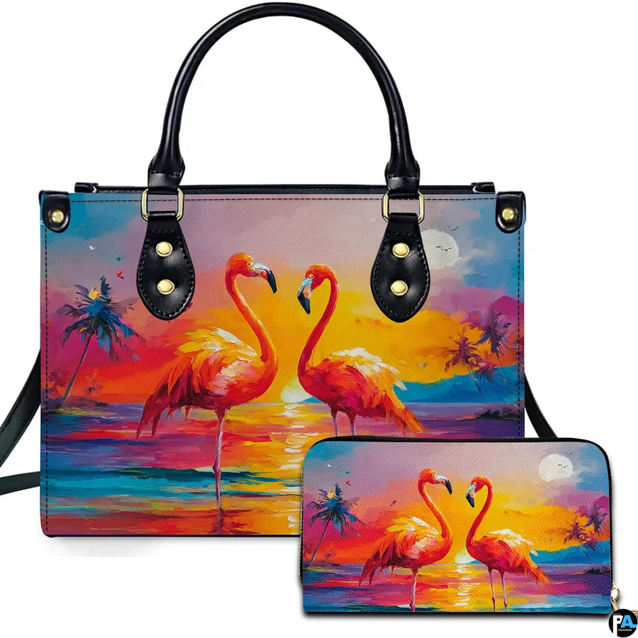 Tropical sunset flamingo handbag and matching wallet set featuring a pair of flamingos on the beach.
