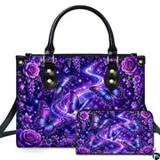 Studio presentation showing purple butterfly artwork alongside matching companion accessory on white surface.