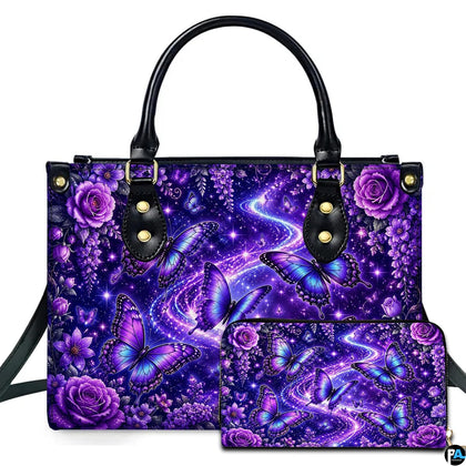 Studio presentation showing purple butterfly artwork alongside matching companion accessory on white surface.