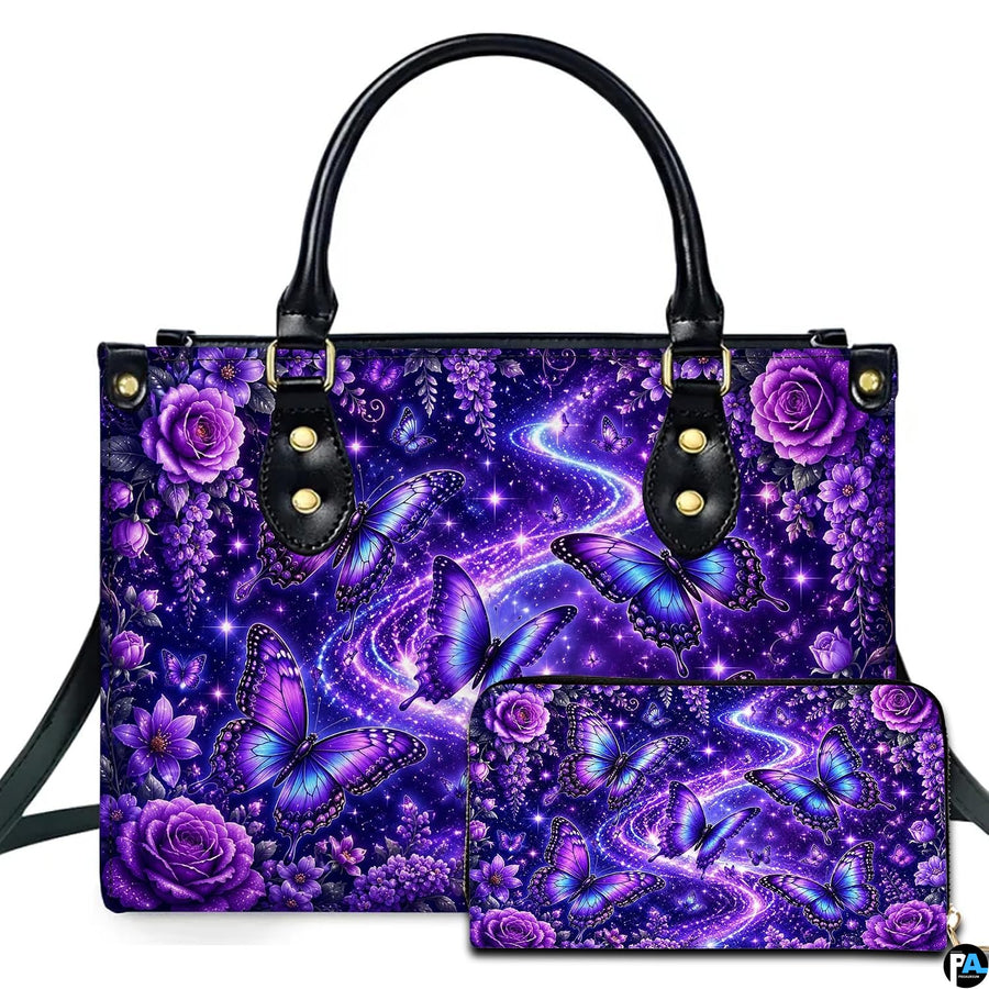 Studio presentation showing purple butterfly artwork alongside matching companion accessory on white surface.