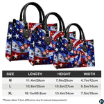 Side perspective view of patriotic butterfly handbag and wallet