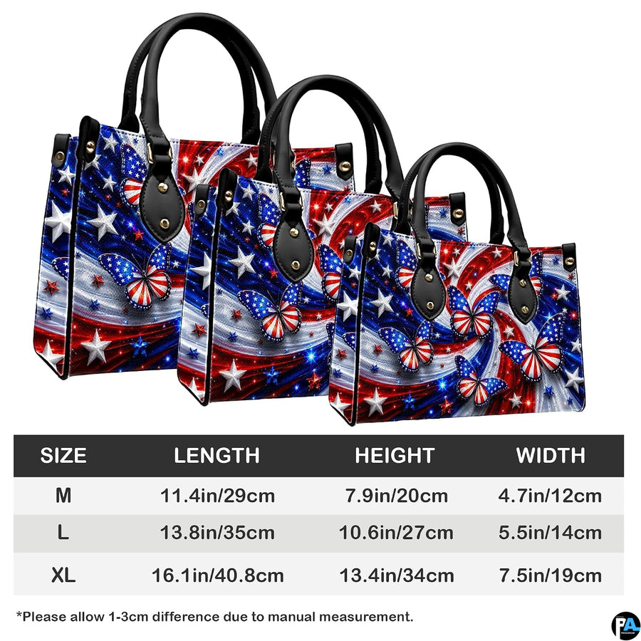 Side perspective view of patriotic butterfly handbag and wallet