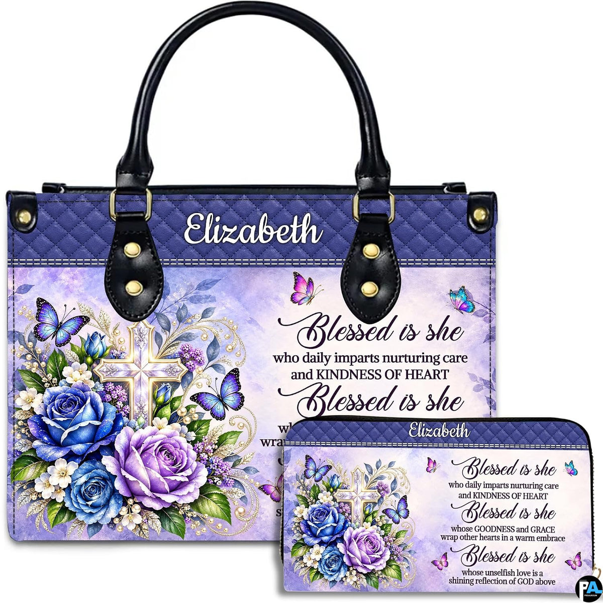 Christian cross butterfly floral handbag and matching wallet set on white background.