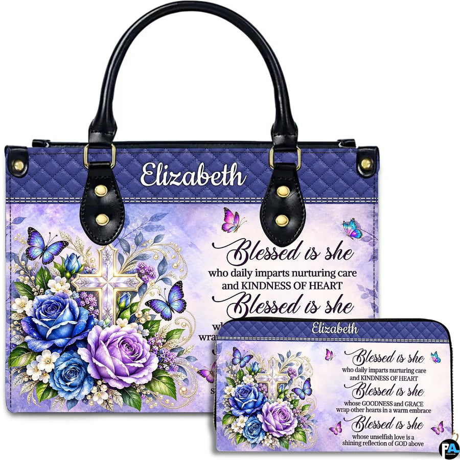 Christian cross butterfly floral handbag and matching wallet set on white background.