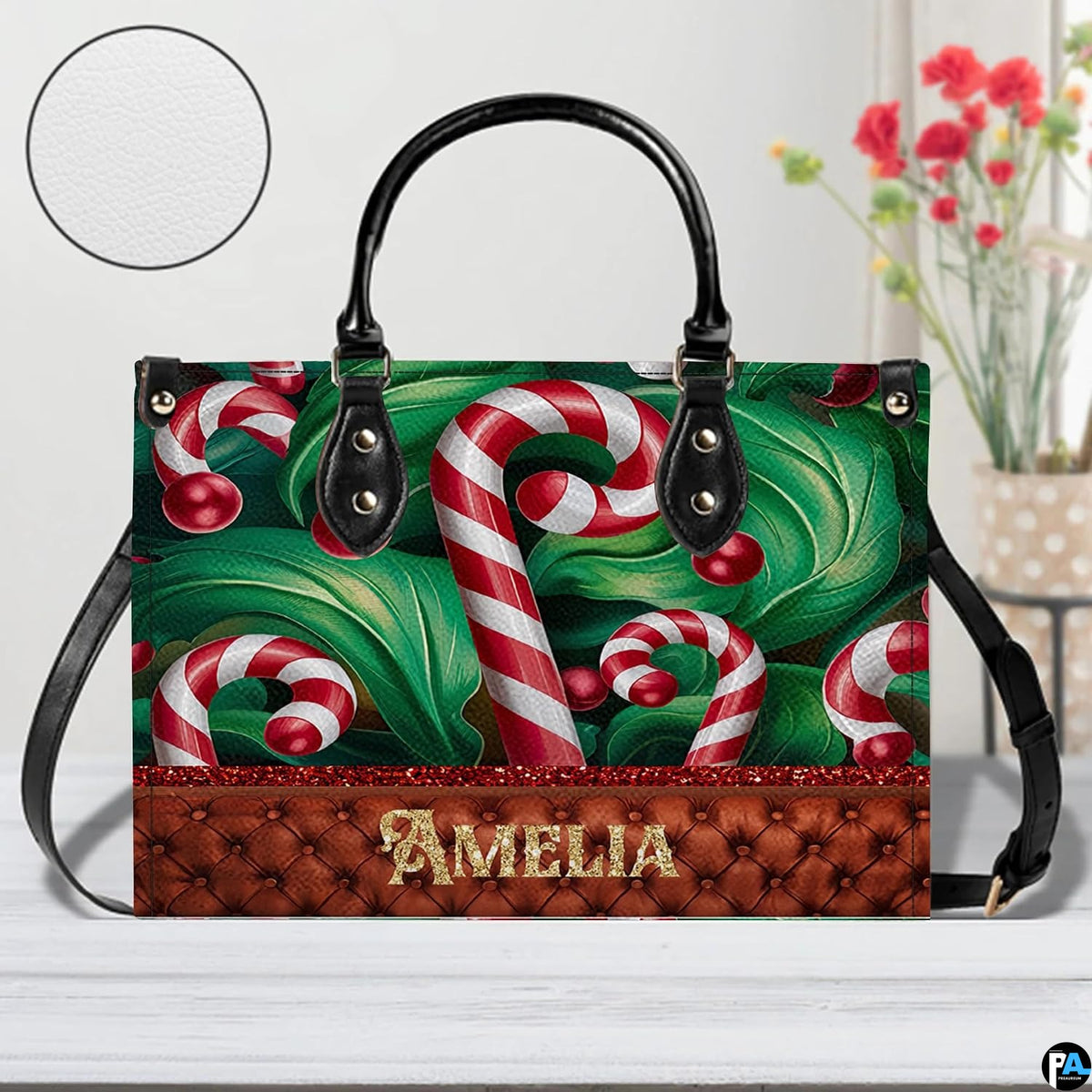 Front perspective of the festive accessory placed on a light surface with floral background accents.