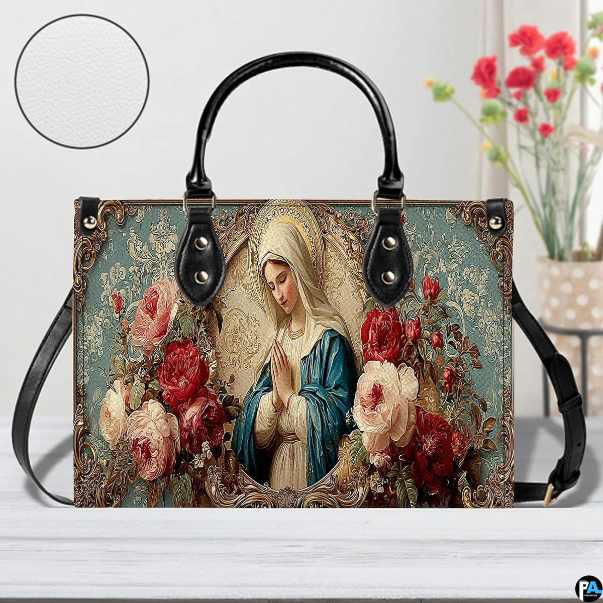 Top perspective displaying interior storage layout and dark lining of the Marian handbag.