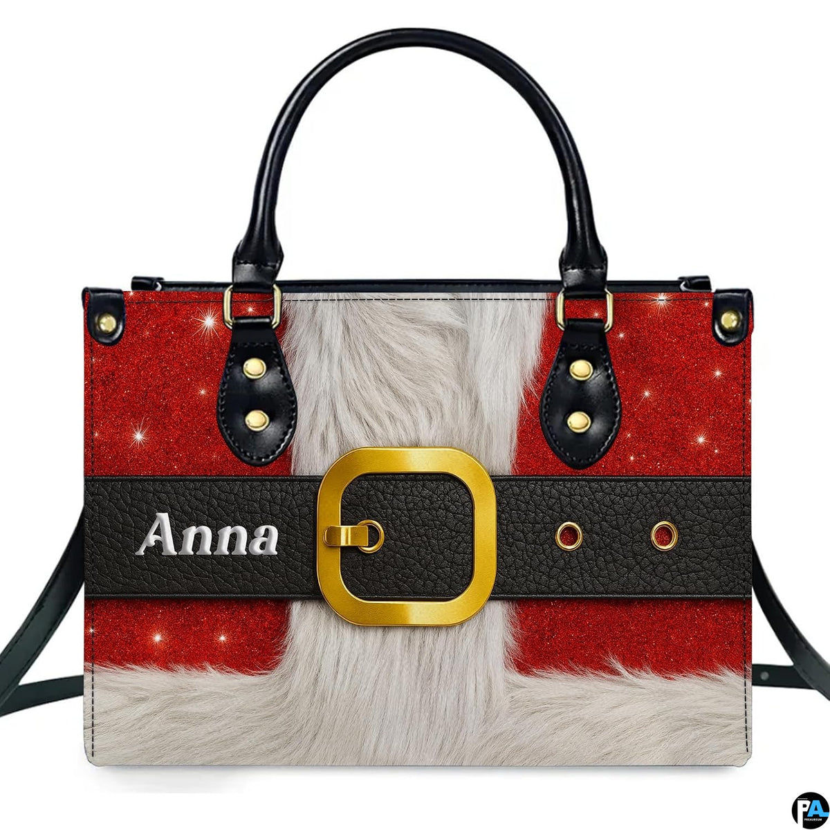 Front view of festive red glitter Santa suit accessory with white fluffy trim and golden buckle graphic.