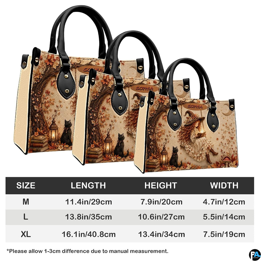 Size comparison guide detailing medium, large, and extra-large satchel dimensions and measurements.