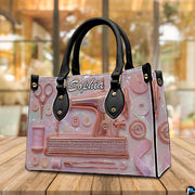 Angled perspective showcasing rose gold sewing machine artwork beside matching companion accessory.