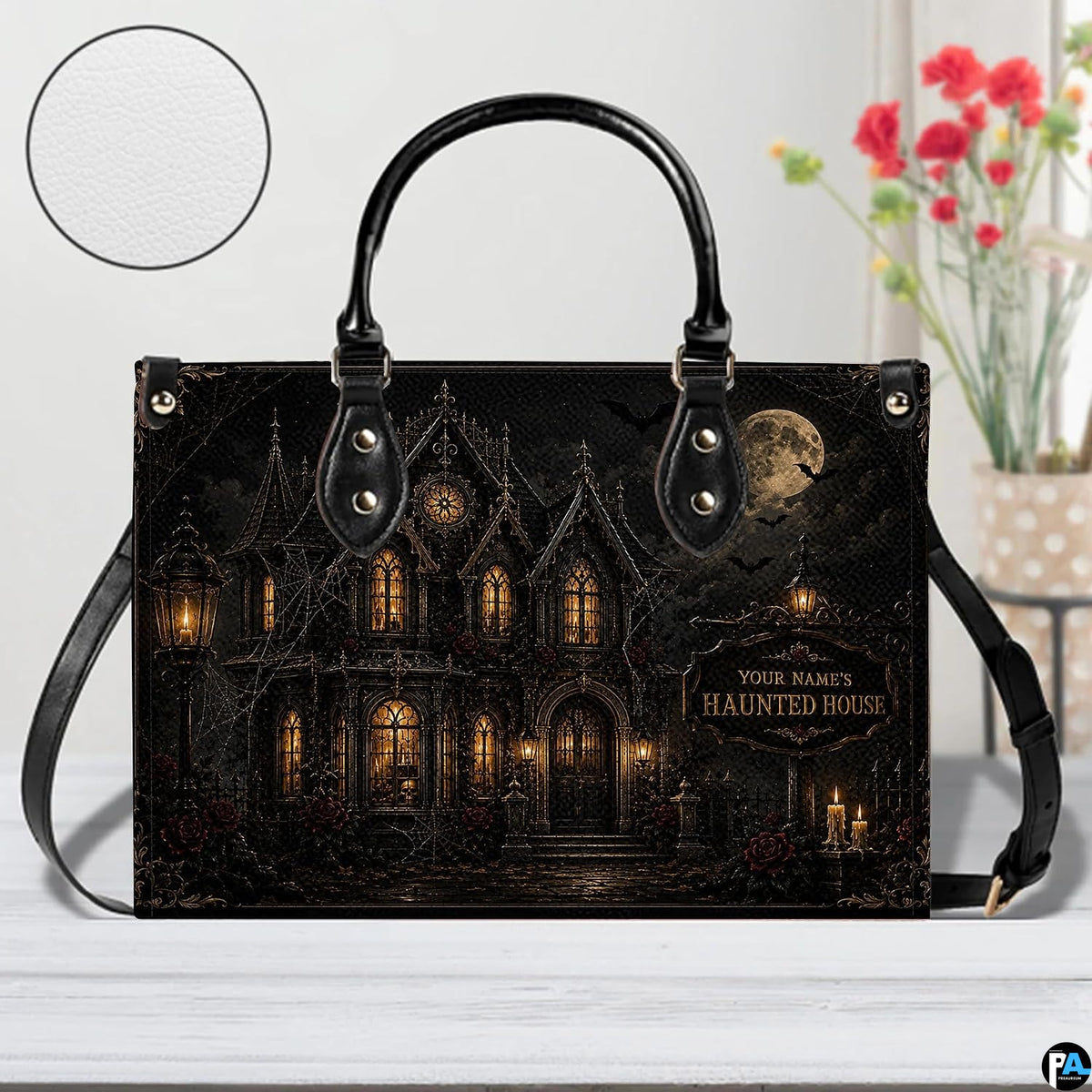 Close perspective of gothic mansion art detailing ornate spires, lamps, and dark blossoms.