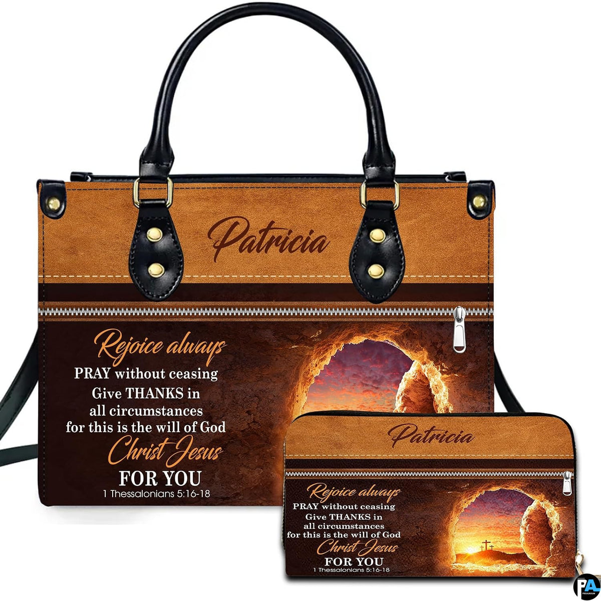 Empty tomb and Calvary sunrise handbag and matching wallet set on plain white background