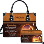 Empty tomb and Calvary sunrise handbag and matching wallet set on plain white background
