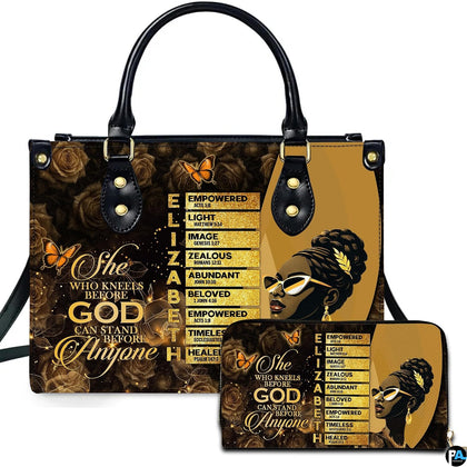 Scripture acrostic faith woman handbag and matching wallet set with portrait and scripture chart on white.