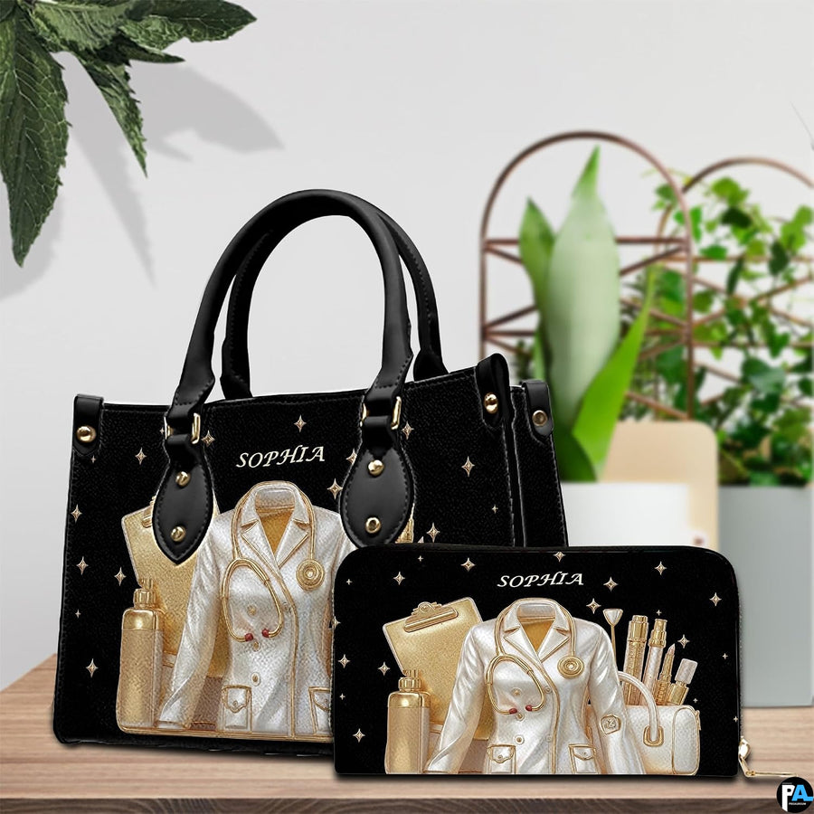 Side profile view of black doctor handbag highlighting structured silhouette