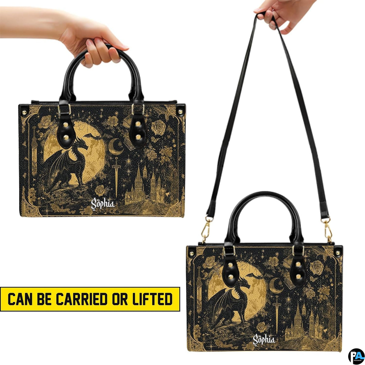 Golden dragon handbag carrying demonstration showing top handle and shoulder strap carry.