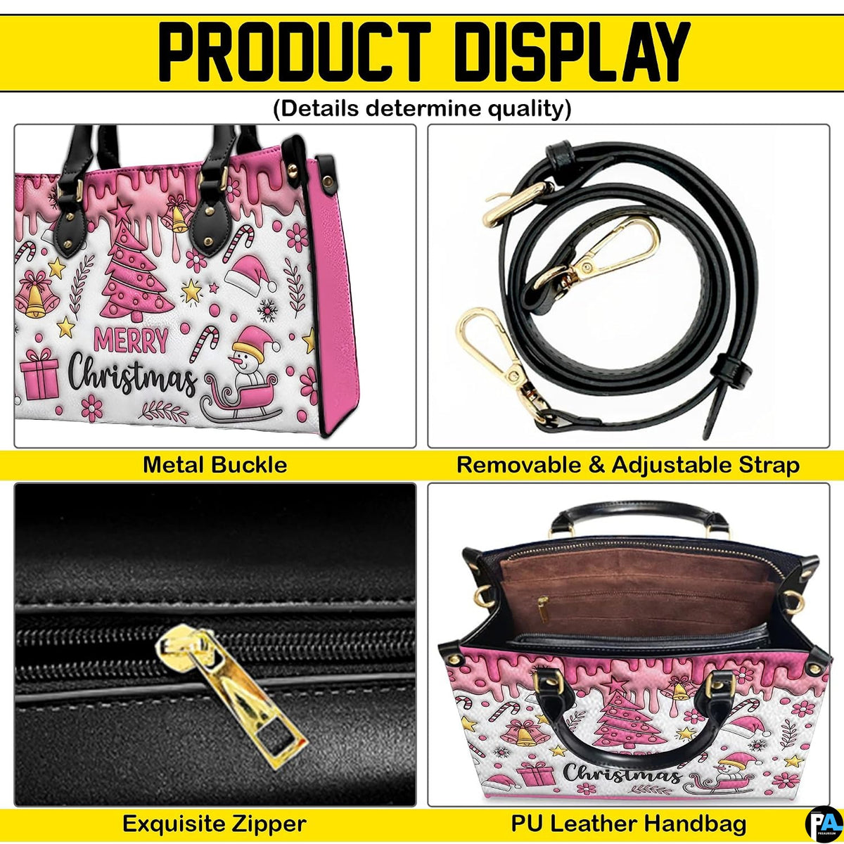 Four-panel layout demonstrating golden hardware accents, long strap, zip closure, and interior compartment.