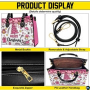 Four-panel layout demonstrating golden hardware accents, long strap, zip closure, and interior compartment.