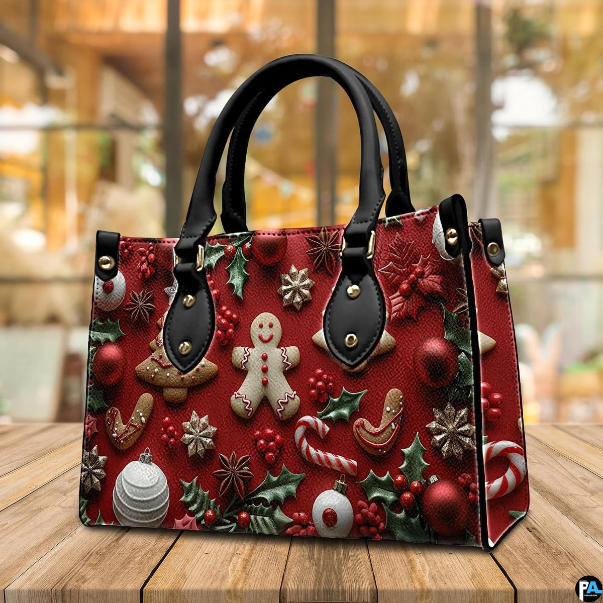 Handbag displayed outdoors in daylight showing crisp gingerbread cookie artwork.