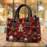 Handbag displayed outdoors in daylight showing crisp gingerbread cookie artwork.