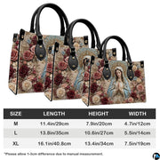 Size chart illustrating dimensional options for the baroque devotional floral handbag